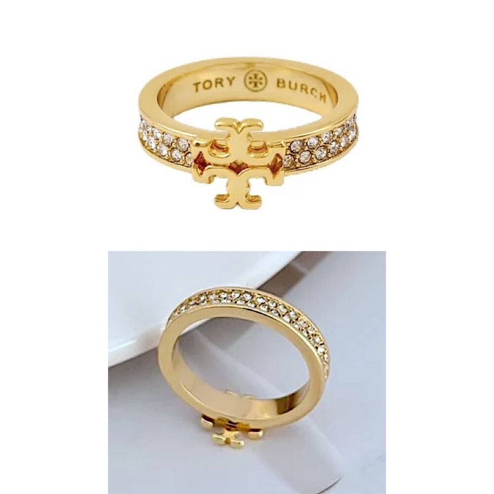 TORY BURCH Kira Pave Crystal Band Double T Logo Ring Size 6